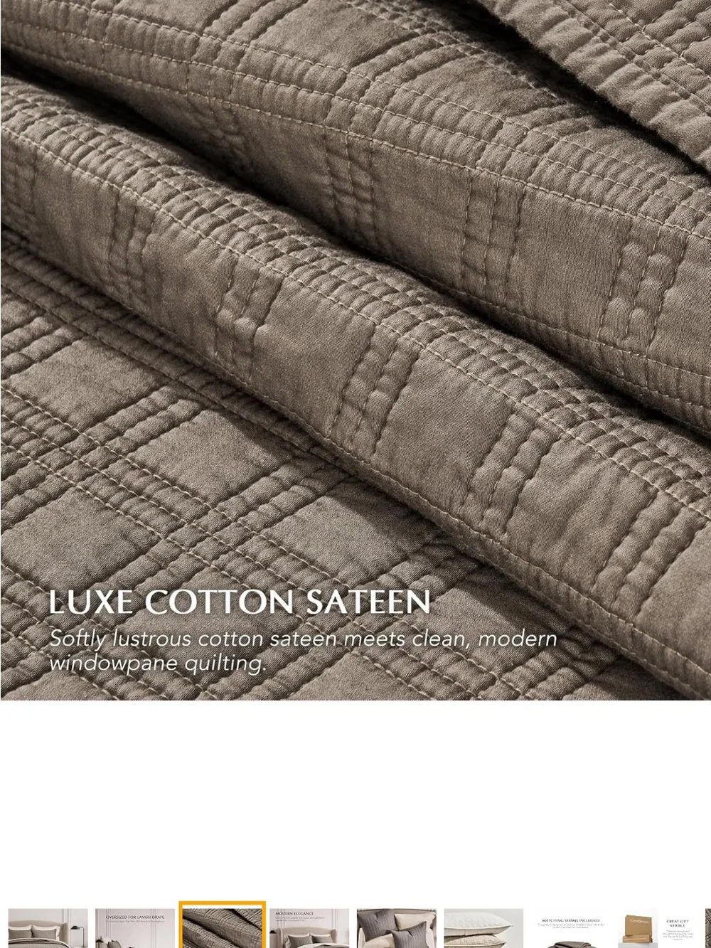 EVERGRACEHOME Cotton Sateen Windowpane Quilt Set Queen Size, Mocha Brown, F/Q